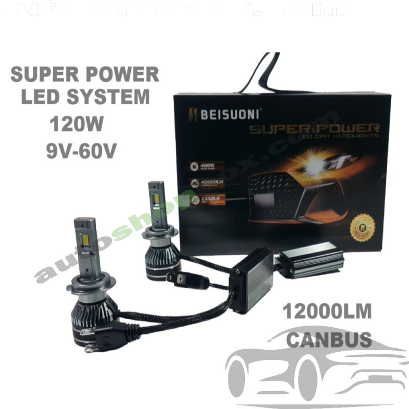 Мощни LED крушки H7  Super Power, 120W, 12000LM, CANBUS (9V-60V) – комплект 2 бр.